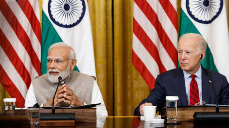 Indian Prime Minister Narendra Modi speaks during a roundtable with American and Indian business leaders alongside U.S. President Joe Biden in the East Room of the White House on June 23, 2023 in Washington, DC.