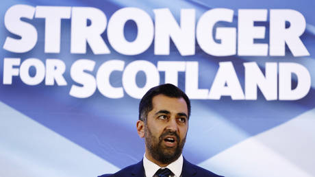 Scotland's Health Minister and SNP MSP, Humza Yousaf speaks after being elected as new SNP party leader, at Murrayfield on March 27, 2023 in Edinburgh, Scotland