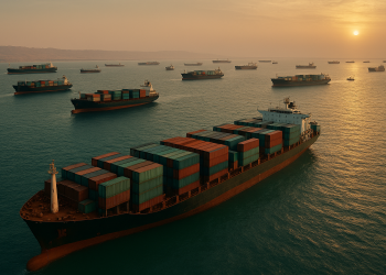 Container ships anchored in the Persian Gulf during the 2026 Strait of Hormuz crisis as fertilizer exports are stranded