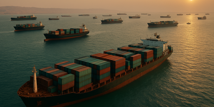 Container ships anchored in the Persian Gulf during the 2026 Strait of Hormuz crisis as fertilizer exports are stranded