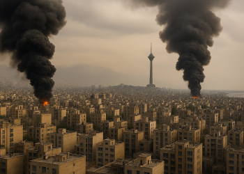 Plumes of smoke rise over Tehran residential districts following continued U.S.-Israeli airstrikes during Operation Epic Fury, March 2, 2026