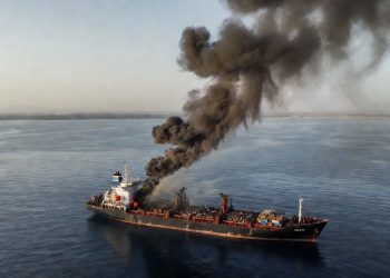 Aerial view of the Strait of Hormuz tanker damaged by iranian attacks
