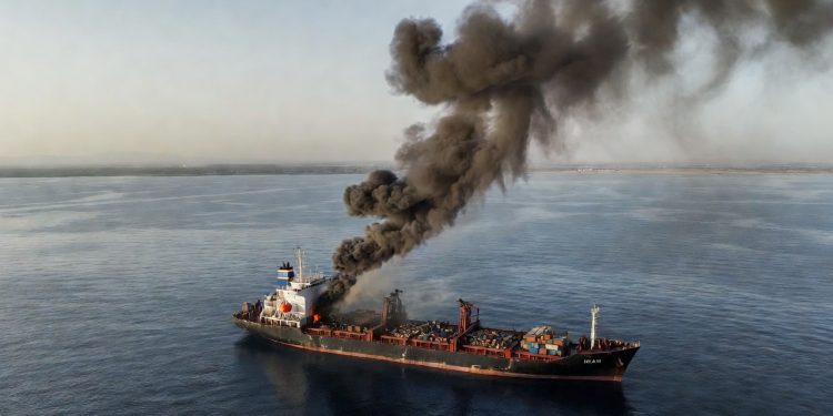 Aerial view of the Strait of Hormuz tanker damaged by iranian attacks